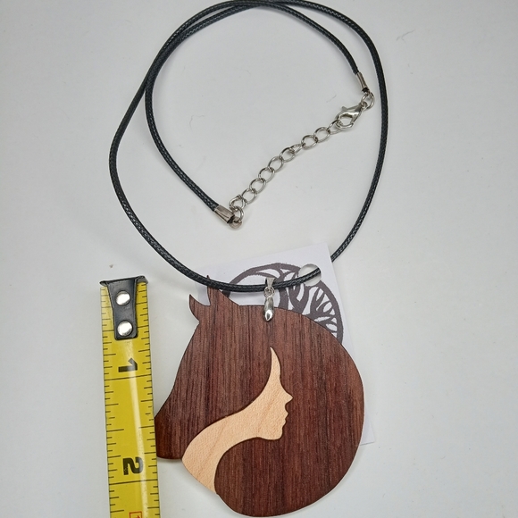 Hand Crafted Lady And Horse Wooden Necklace - Picture 3 of 5